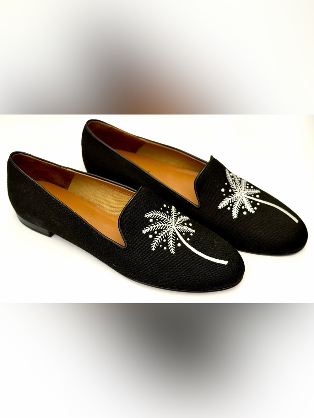 Jon Josef Black Linen Palm Tree Embroidered Loafers, Size 10, NWOB